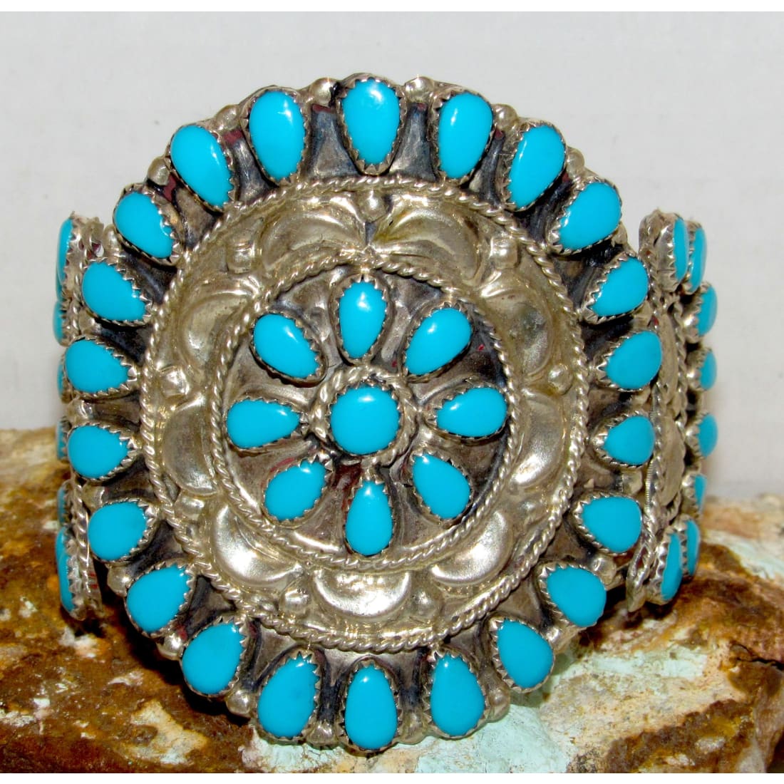 Navajo Turquoise Cluster Sterling Silver Cuff Bracelet D. Wauneka