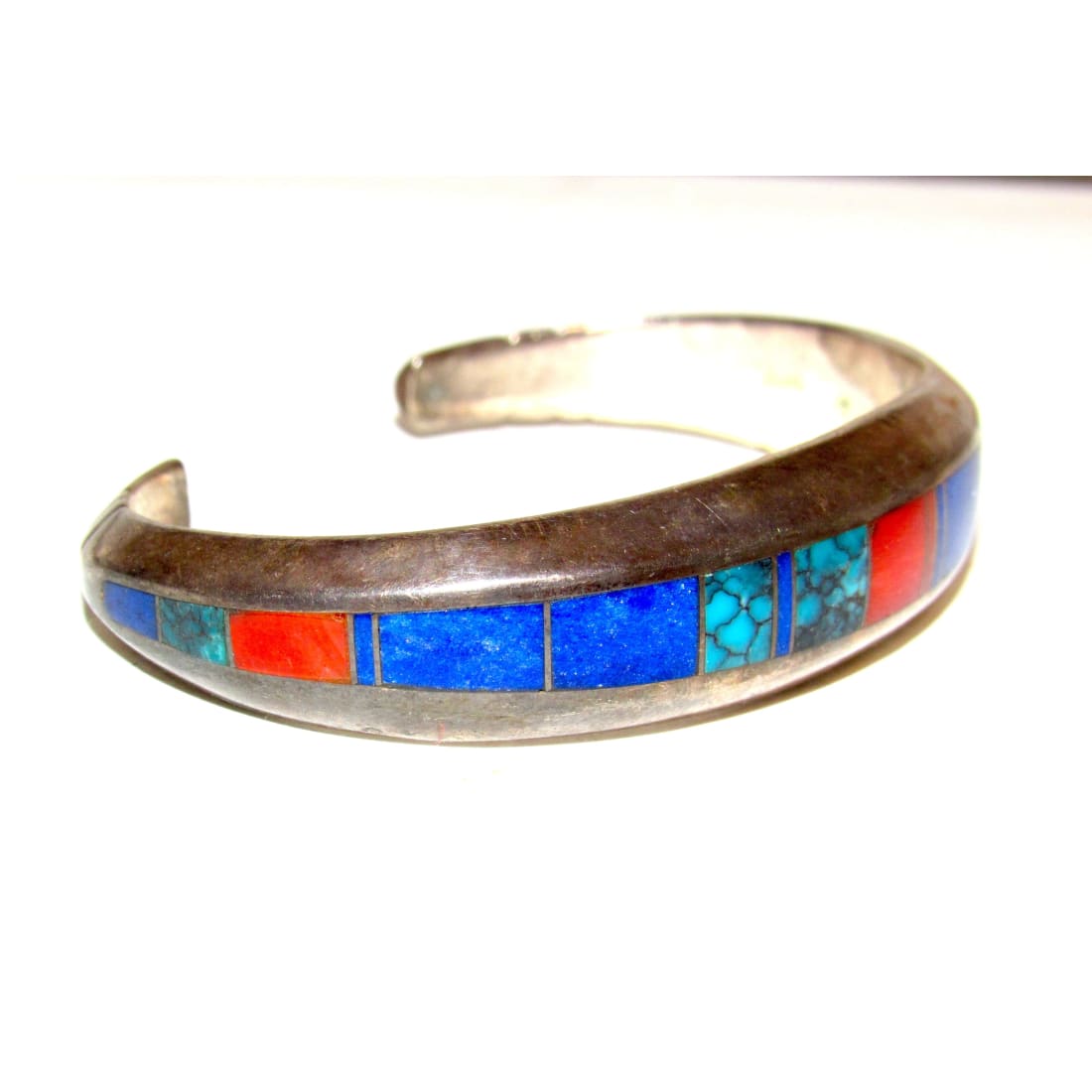 Navajo Sterling Silver Carinated Bracelet Coral Lapis & Turquoise by Ray Tracey
