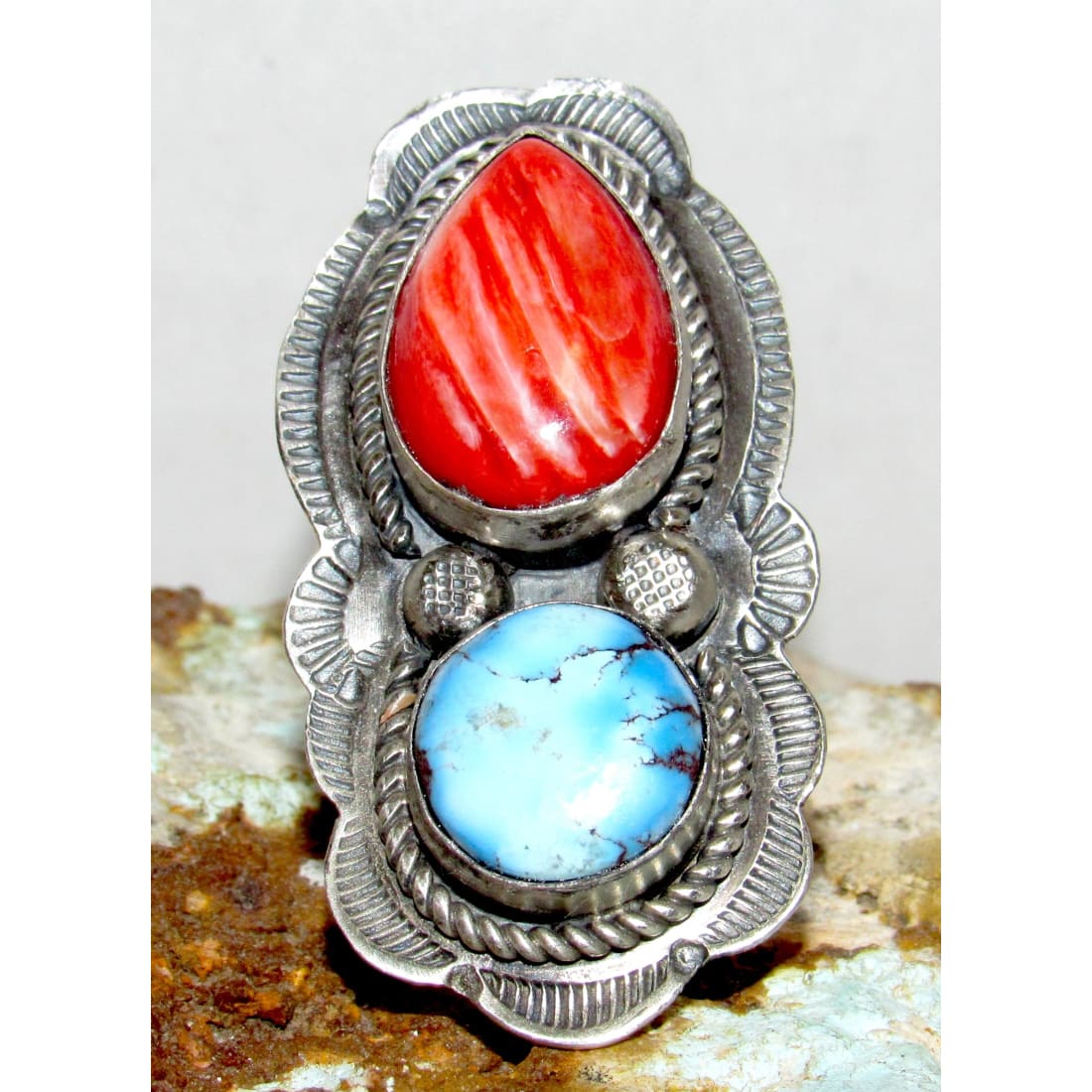 Navajo Golden Hills Turquoise Spiny Statement Adjustable Ring Sz 7.5 Boyd Ashley