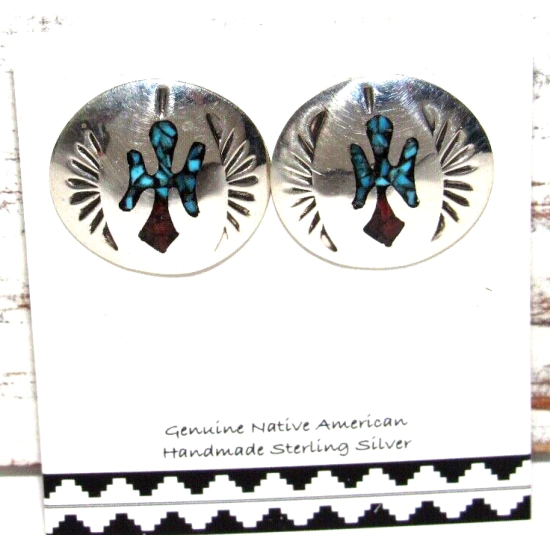 Navajo Earrings Peyote Bird Design Turquoise Coral Inlay J.Yazzie