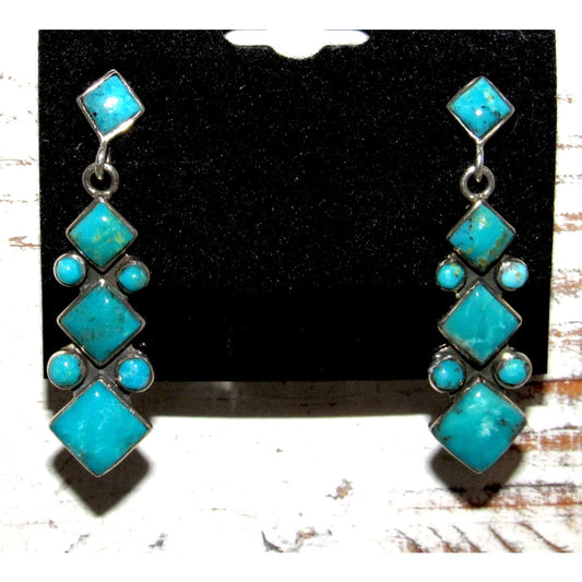 Vintage Navajo Turquoise Cluster Sterling Silver Dangle Earrings Native Signed