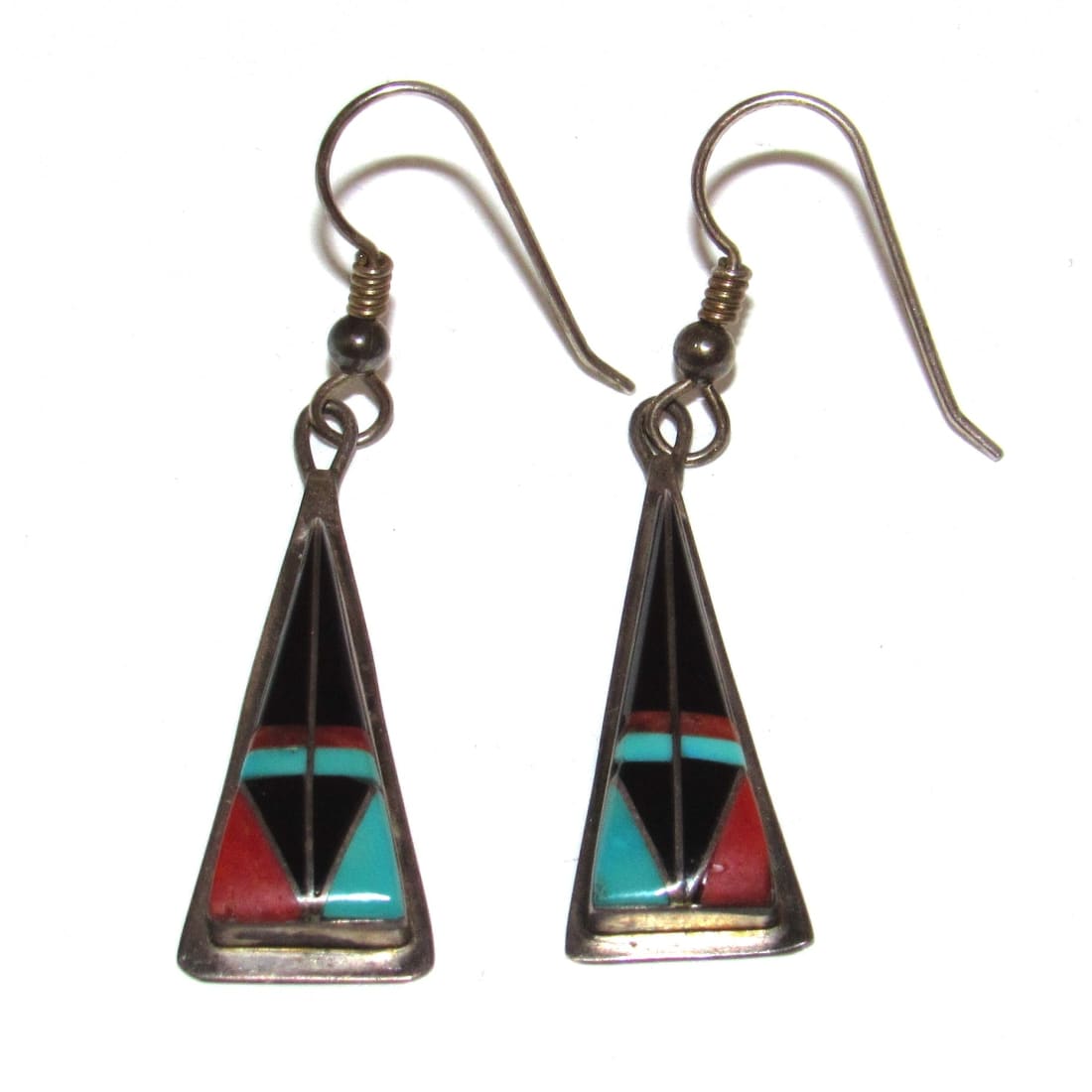 Navajo Turquoise Jet Inlay Earrings Sterling Silver Teme Sunburst Handcarfts