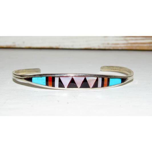 Zuni Inlay Turquoise Coral Bracelet Sterling Silver C. Weebothee Stacker