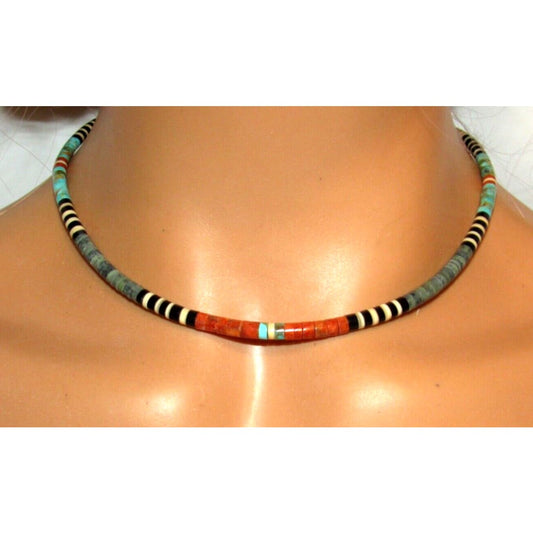 Santo Domingo Rolled Shell Orange Spiny & Turquoise Heishi Choker Necklace 16"L