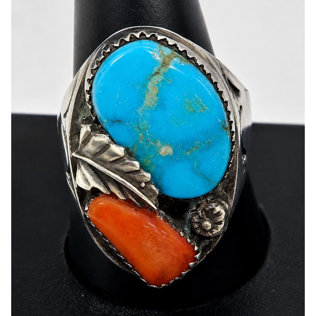 Old Pawn Zuni Men Ring Size 12 Turquoise Coral Sterling Silver Simplicio Family