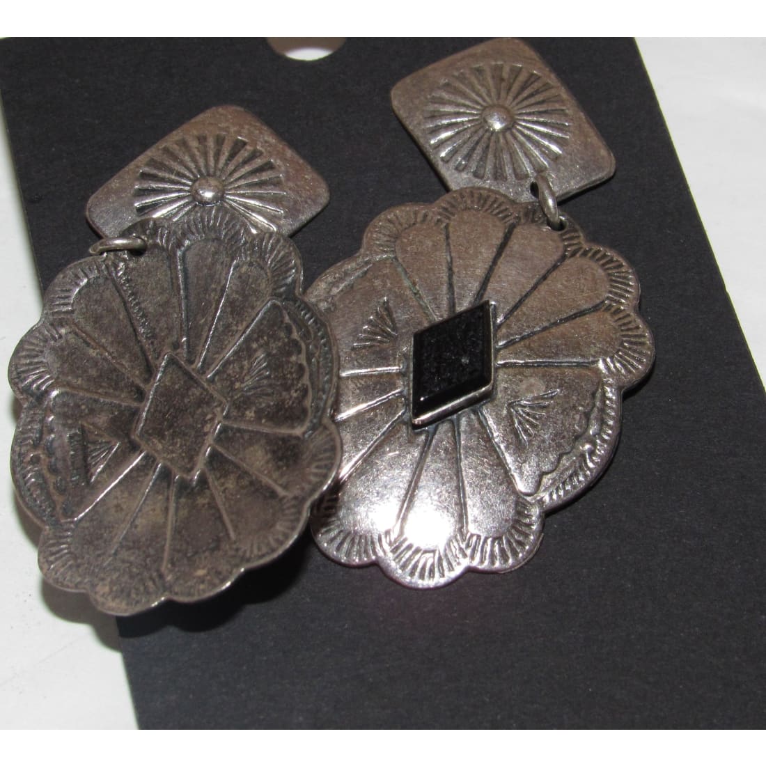 Vintage Taxco Mexican Silver Onyx Dangle Concho Earrings