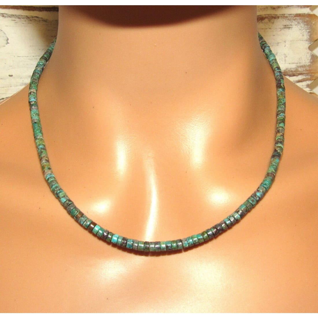 Navajo Rolled Turquoise Heishi Choker Necklace Native American 16L