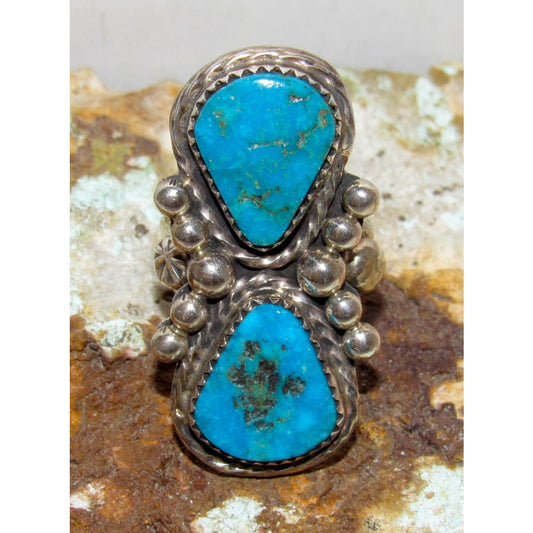 Navajo Kingman Turquoise Statement Ring Sz 7 Sterling Silver Signed