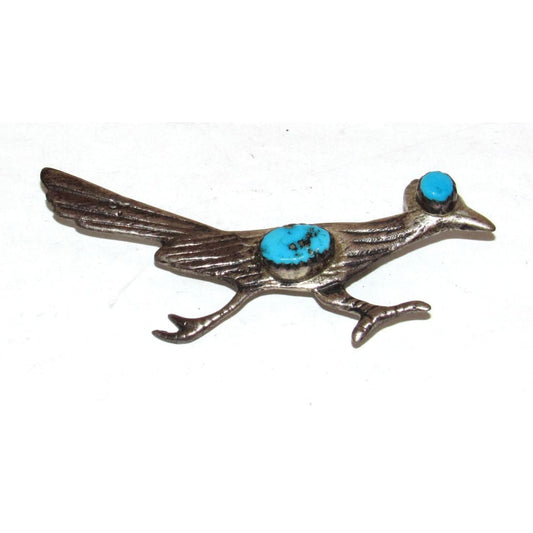 Old Pawn Navajo Roadrunner Turquoise Sterling Silver Brooch Pin