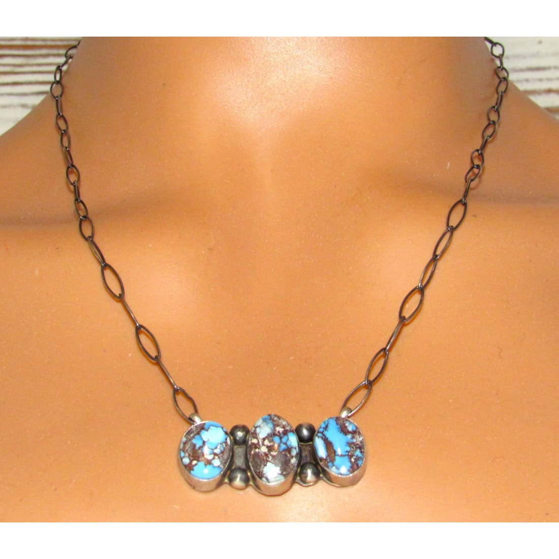 Navajo Golden Hills Turquoise Cluster Bar Necklace Sterling Silver