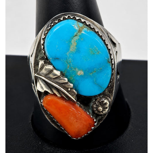 Old Pawn Zuni Men Ring Size 12 Turquoise Coral Sterling Silver Simplicio Family