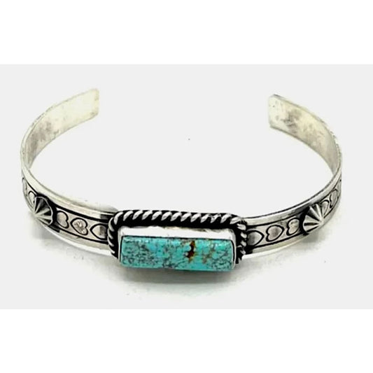 Navajo Number 8 Turquoise Stacker Cuff Sterling Hand Etched Bracelet Signed