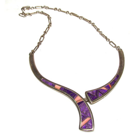 Navajo Sugilite Coral Inlay Link Necklace Sterling Silver Calvin Begay