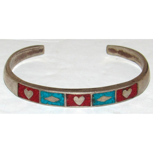 Vintage Bell Trading Post Navajo Sterling Silver Turquoise Coral Cuff Bracelet