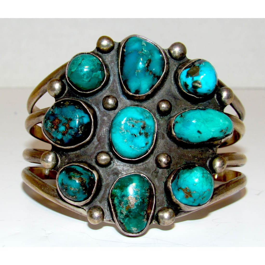 Vintage Massive Navajo Morenci Turquoise Cluster Cuff Bracelet Silver Native Signed
