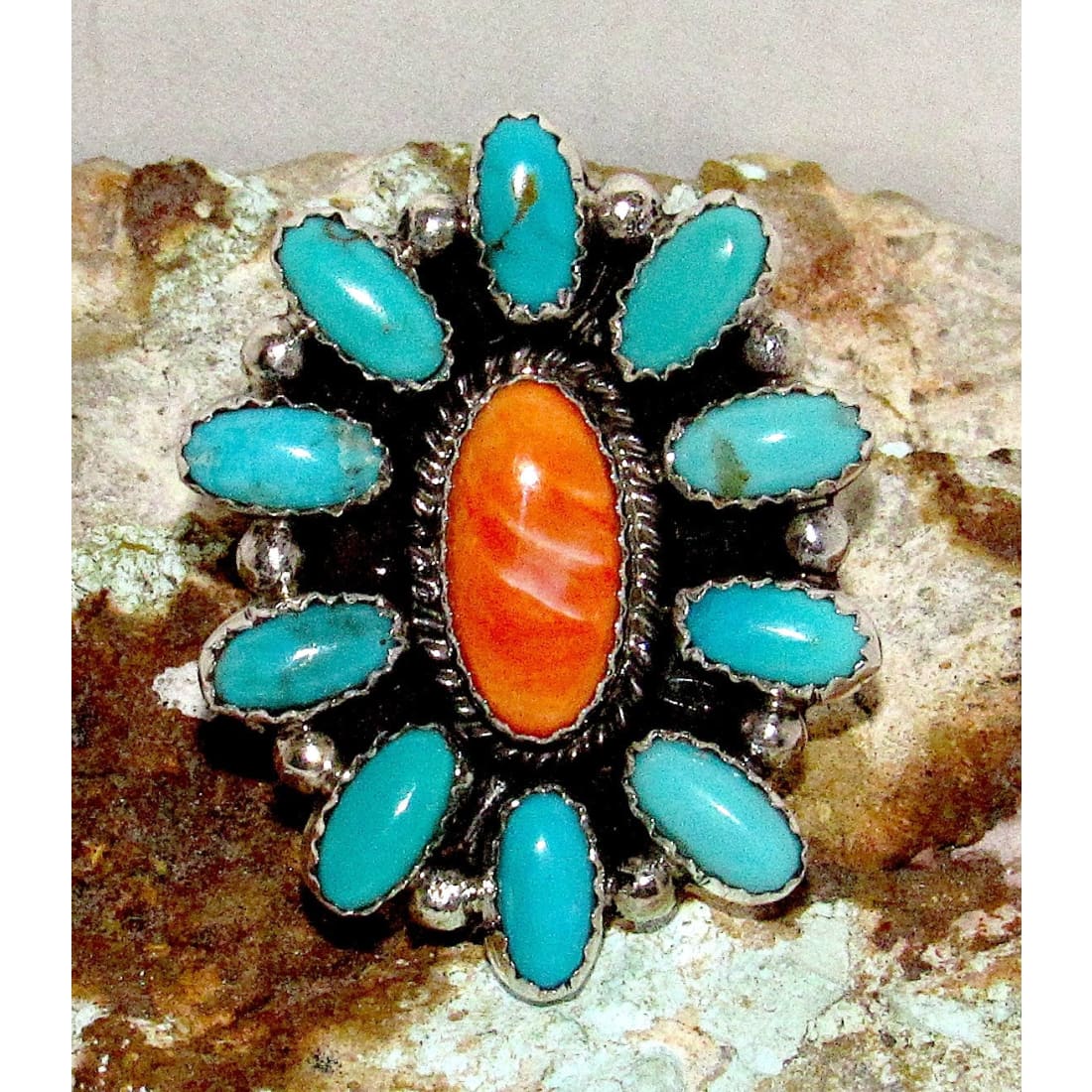 Navajo Turquoise Orange Spiny Cluster Ring Size 10 Sterling Silver