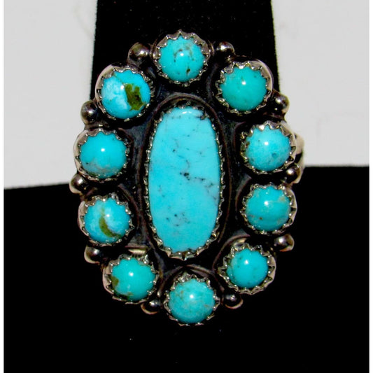 Navajo Turquoise Cluster Ring Sz 9 Sterling Silver Native American