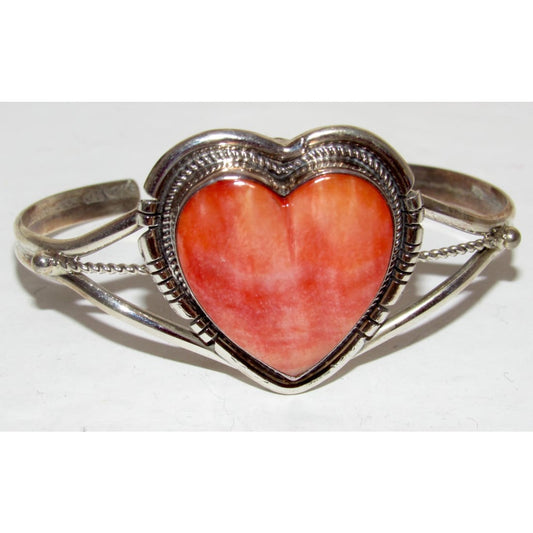 Navajo Red Orange Spiny Heart Bracelet Stacker Sterling Silver Cuff P. Skeets