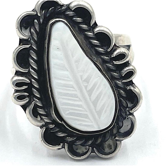 Zuni Carved Mother of Pearl Leaf Ring Size 7 Sterling Jack Weekoty