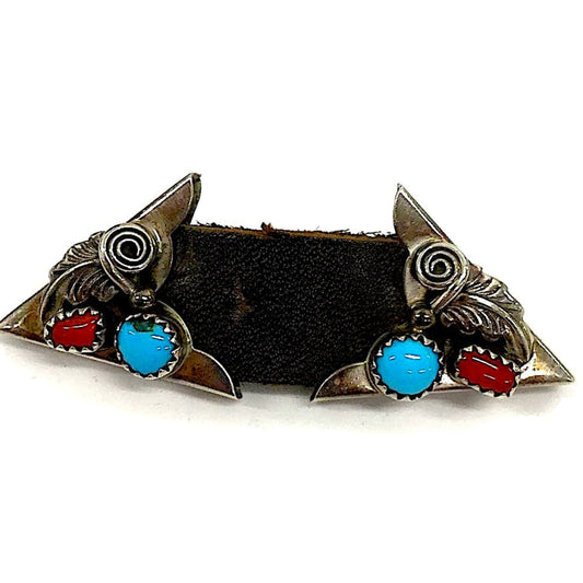 Vintage Navajo Turquoise Coral Shirt Collar Tips Sterling Silver Blossom Design