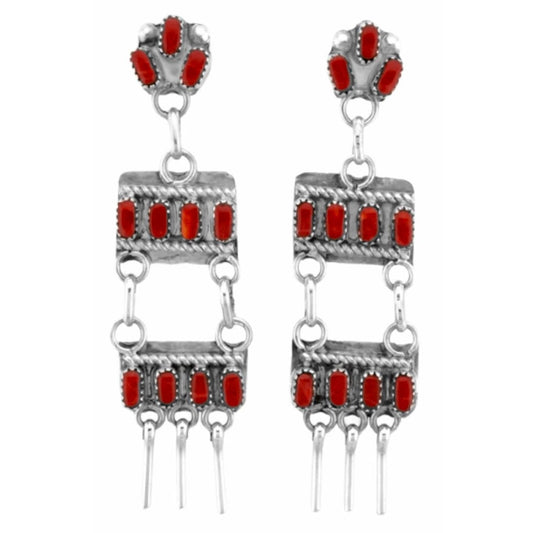 Zuni Coral Dangle Earrings Sterling Silver Native American