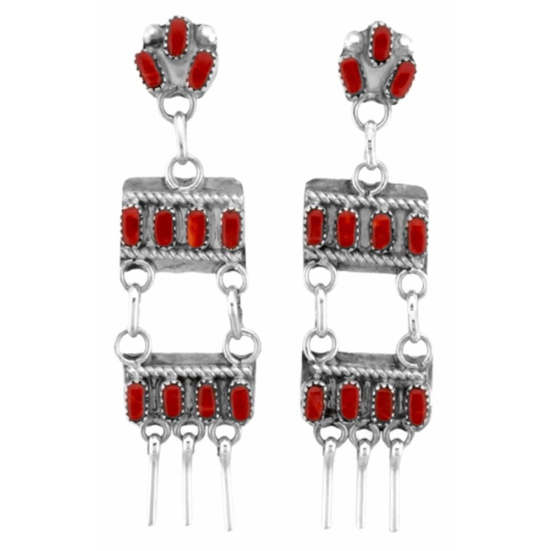 Zuni Coral Dangle Earrings Sterling Silver Native American
