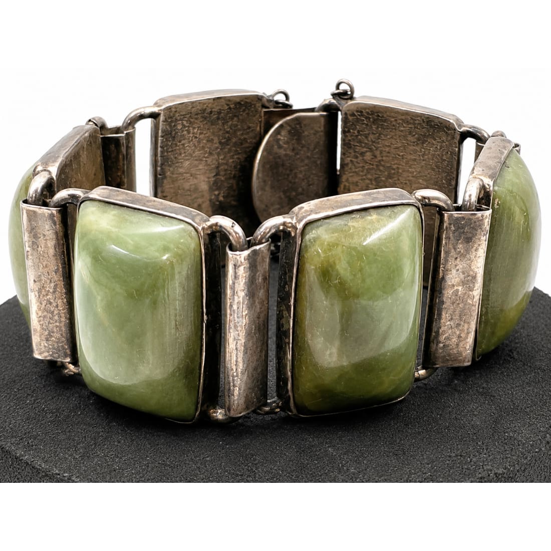 Vintage Pre-Eagle Taxco Mexico Sterling Silver Mexican Jade Panel Bracelet