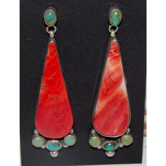 Navajo Turquoise Red Spiny Dangle Earrings Vernon Clarissa Hale
