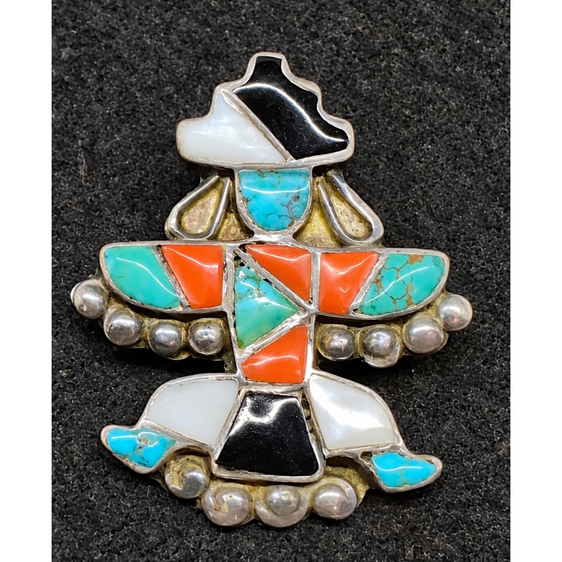 Old Pawn Zuni Knifewing Kachina Pin Pendant Sterling Silver Turquoise Coral MOP