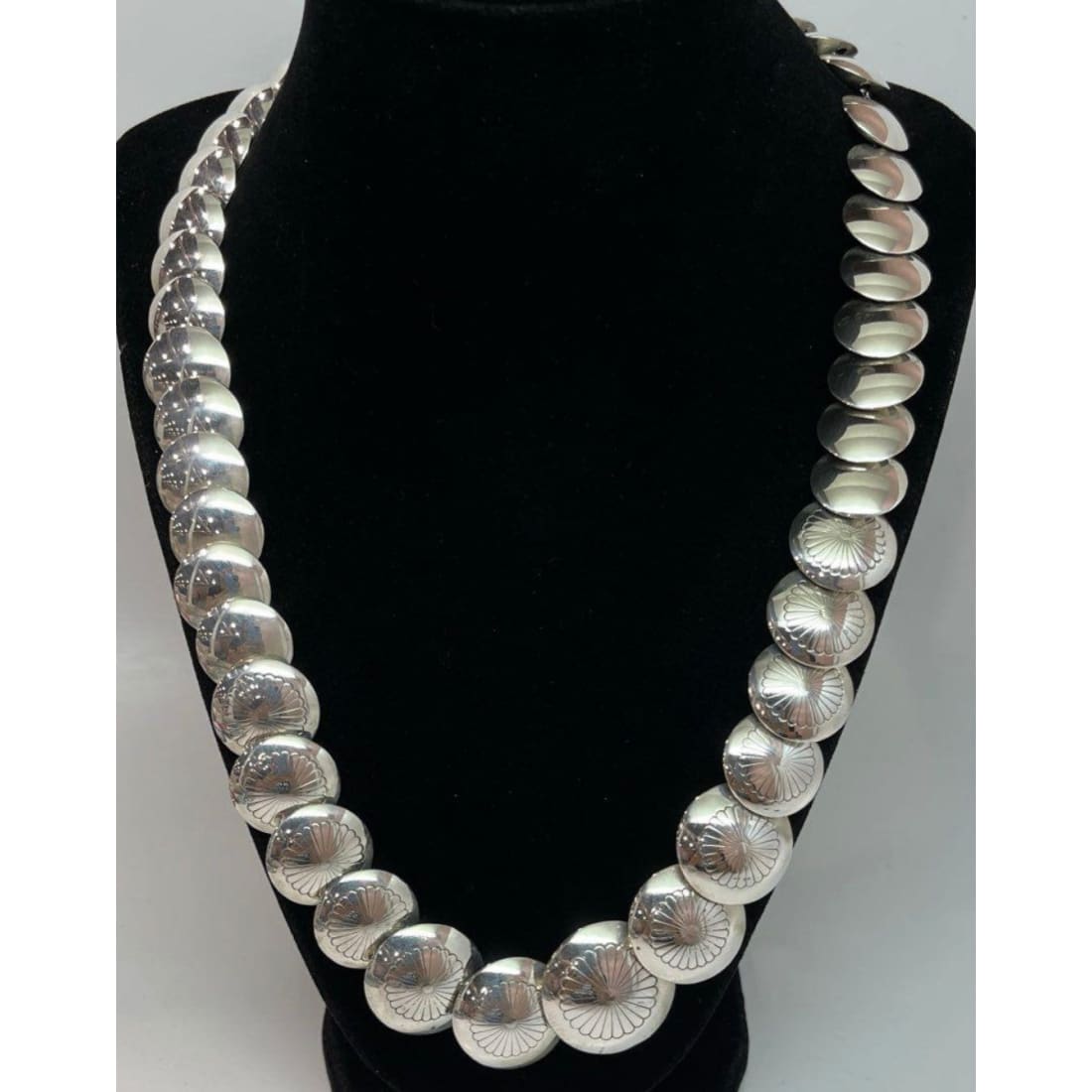 Vintage Navajo pearls necklace earrings set with hand-etched ingot design and graduated pillow beads.