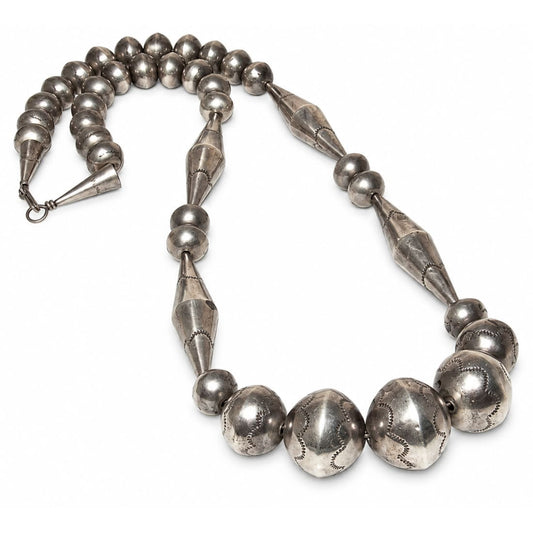 Old Pawn Navajo Pearls Necklace Hand Made Stamped Saucer Beads Sterling Silver 24"