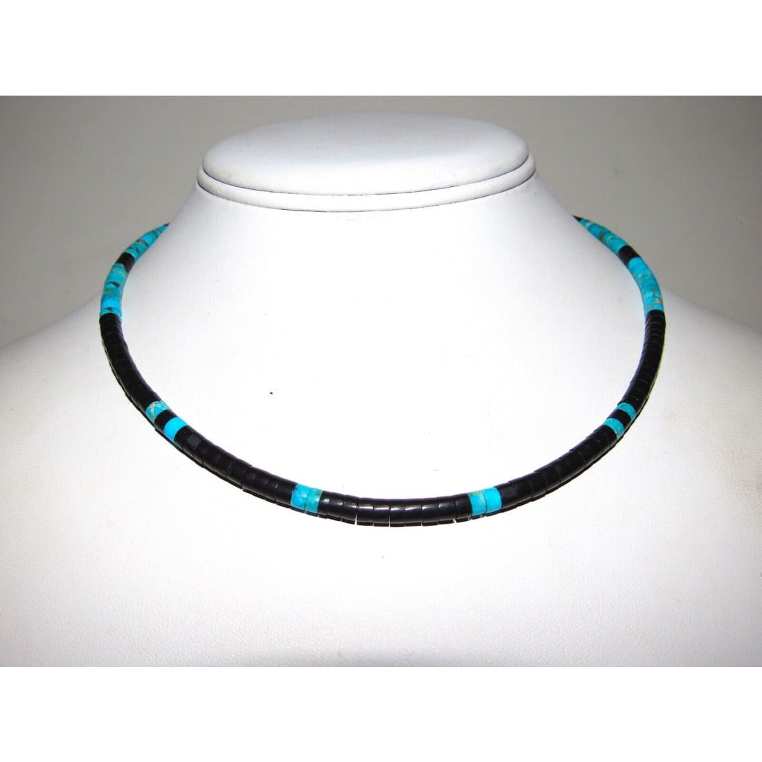 Navajo Rolled Jet & Turquoise Heishi Choker Necklace Native American 16"L