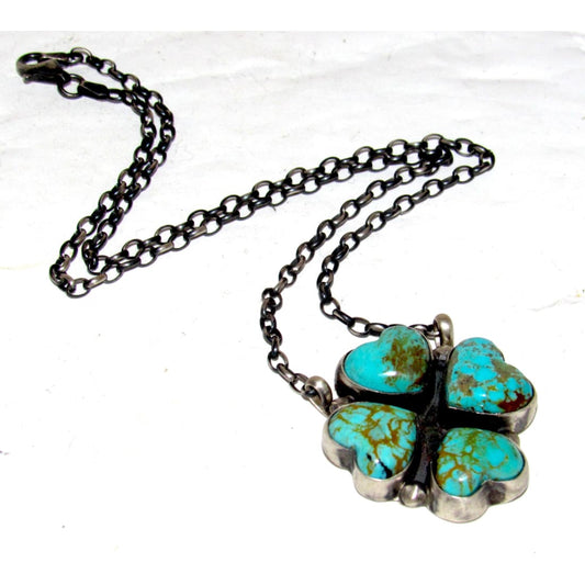 Navajo Royston Turquoise 4 Leaf Clover Necklace Sterling Silver D Skeets