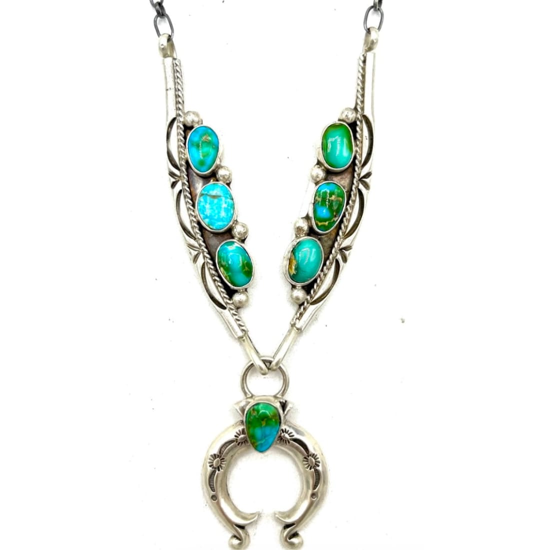 Navajo Royston Turquoise Naja Necklace Squash Blossom Sterling Silver T Lewis