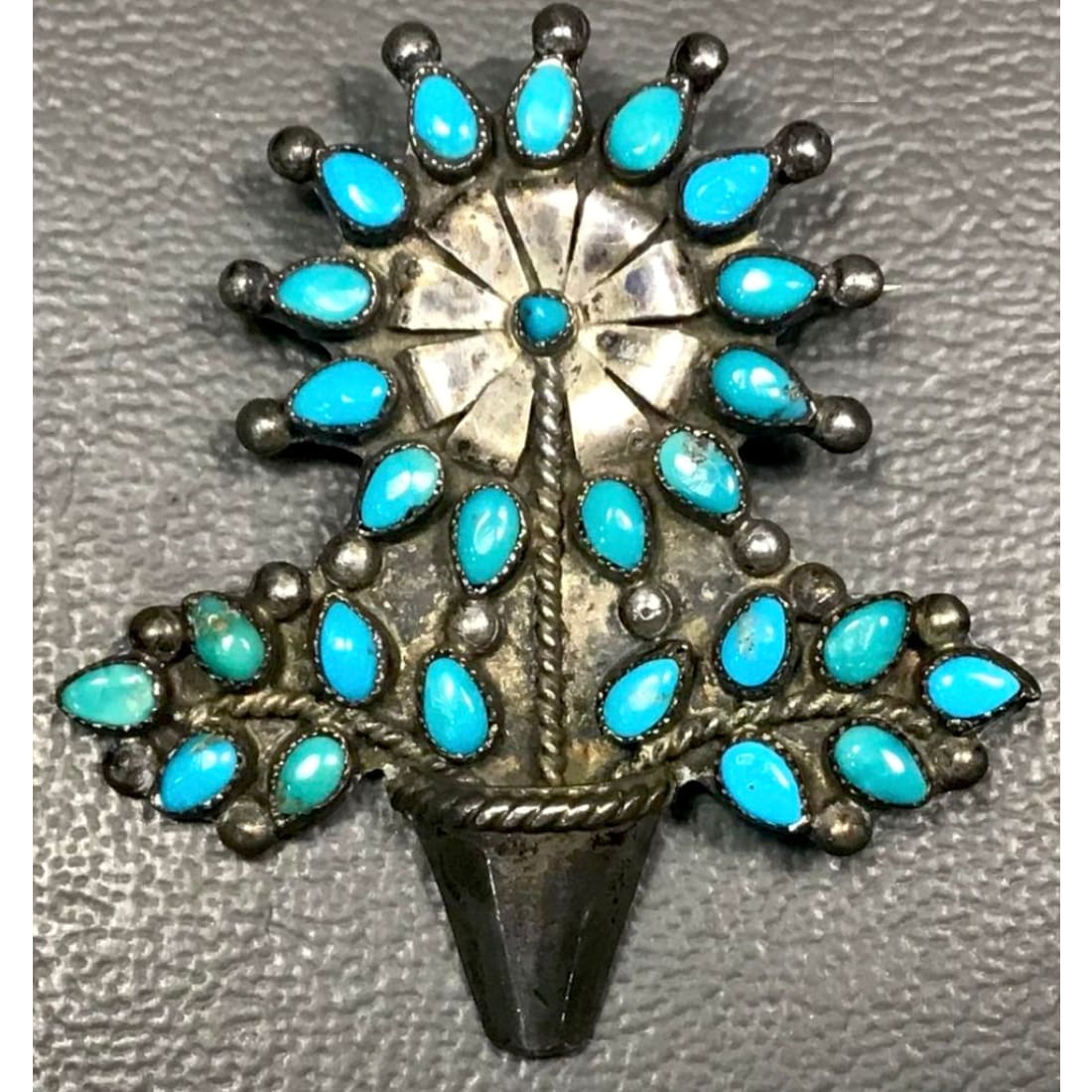 Vintage Zuni Turquoise Flower Pin Brooch Sterling Silver