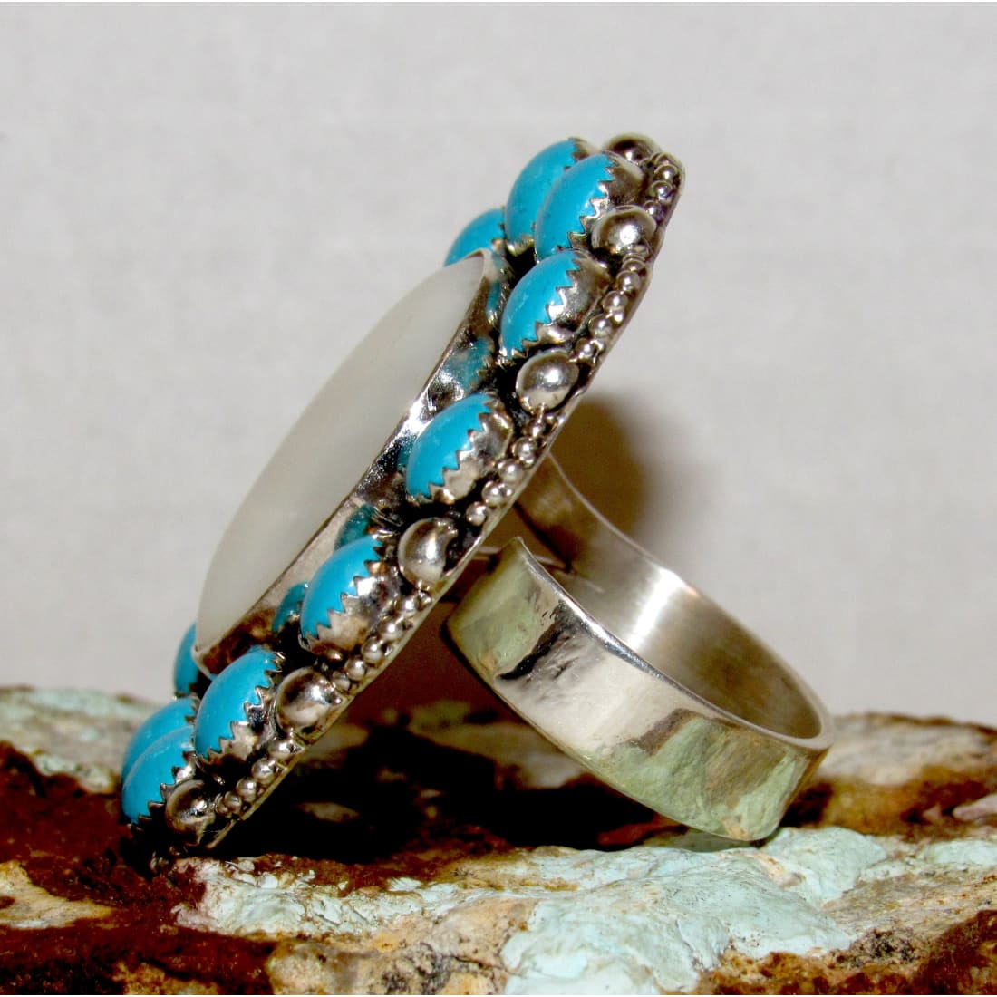 Navajo Mother of Pearl Ring Turquoise Cluster Ring Size 9 Adjustable Sterling