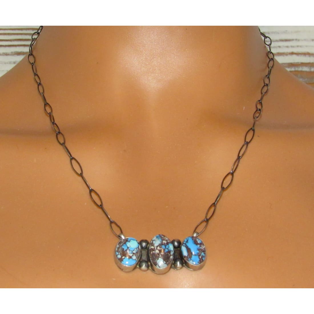 Navajo Golden Hills Turquoise Cluster Bar Necklace Sterling Silver