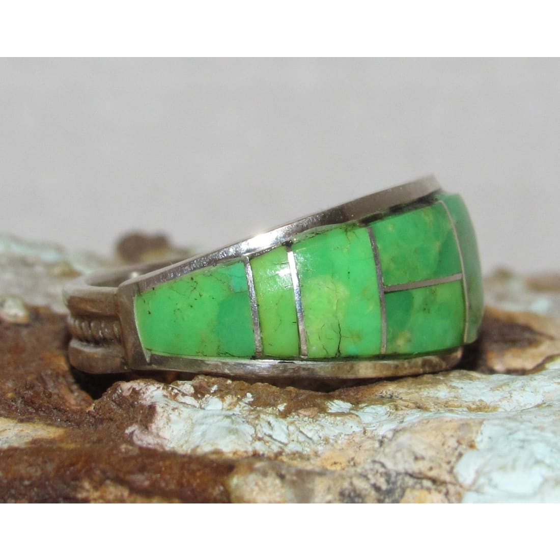 Navajo Green Gaspeite Cobble Inlay Ring Sz 7 Sterling Silver E Yazzie