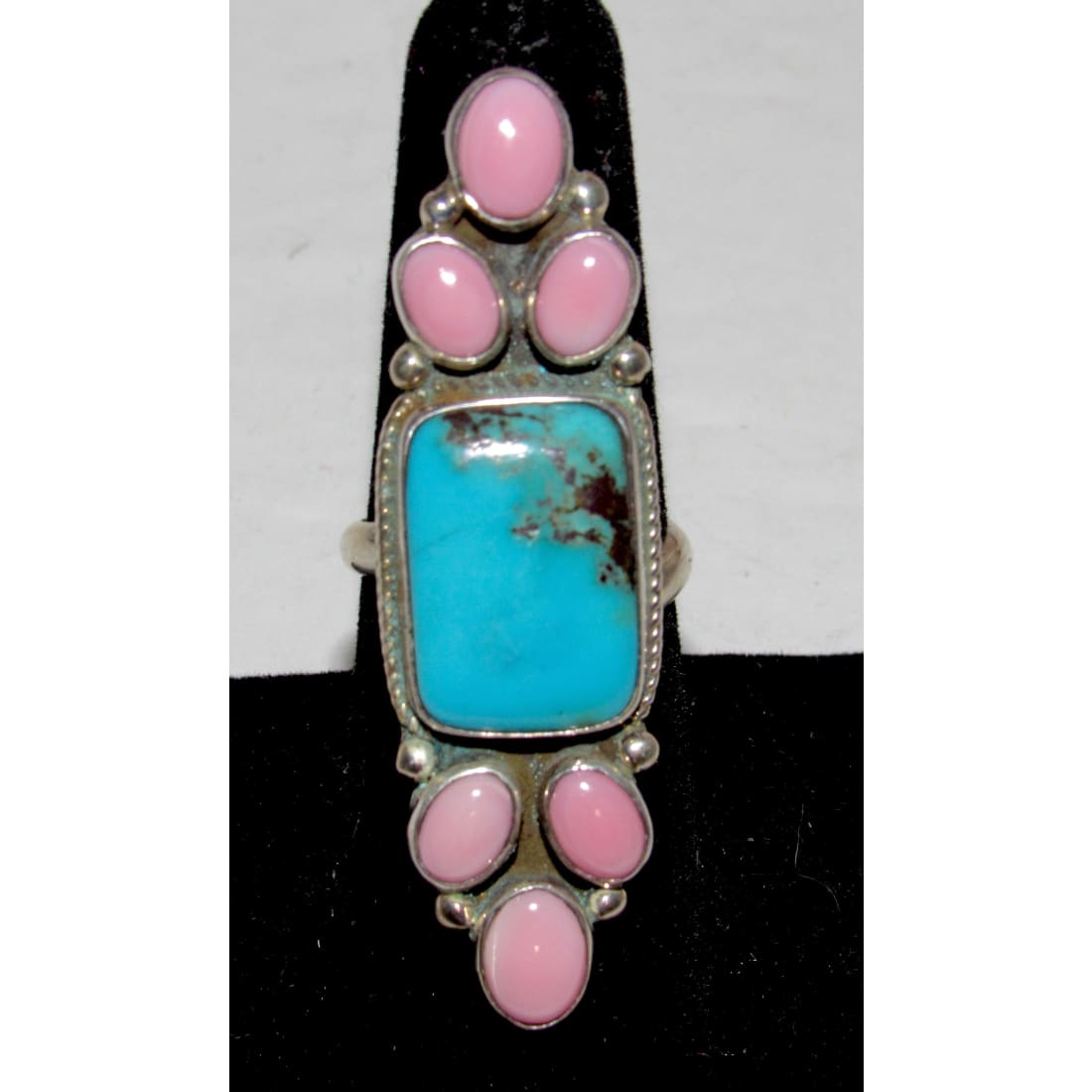 Navajo Turquoise Pink Conch Cluster Ring Adjustable Size 7.5 Sterling M. James