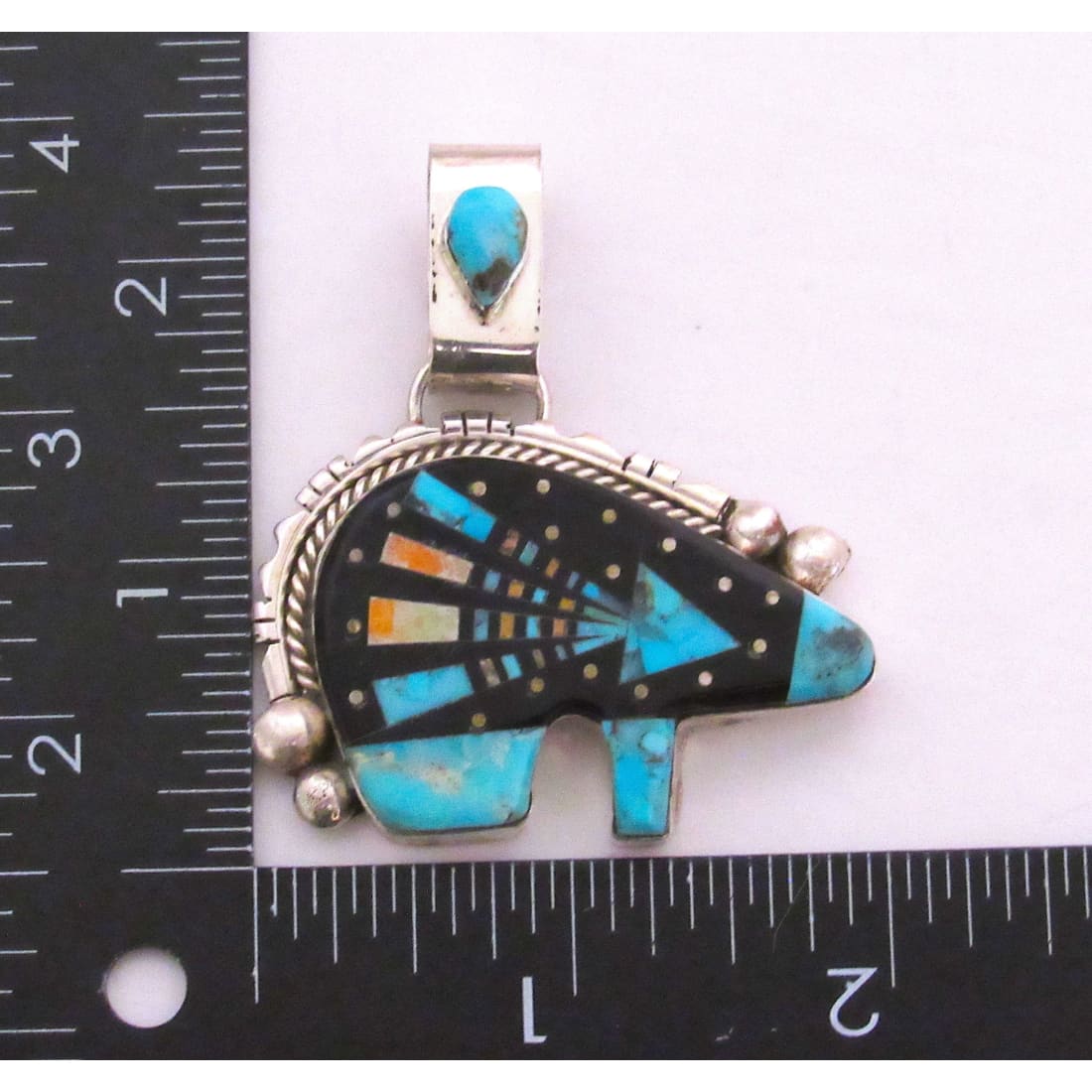 Navajo Ray Jack Bear Pendant Turquoise Spiny Jet Inlay Native American Signed