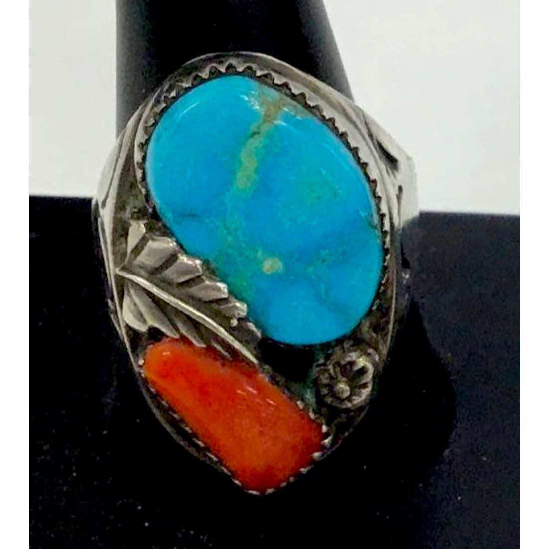Old Pawn Zuni Men Ring Size 12 Turquoise Coral Sterling Silver Simplicio Family