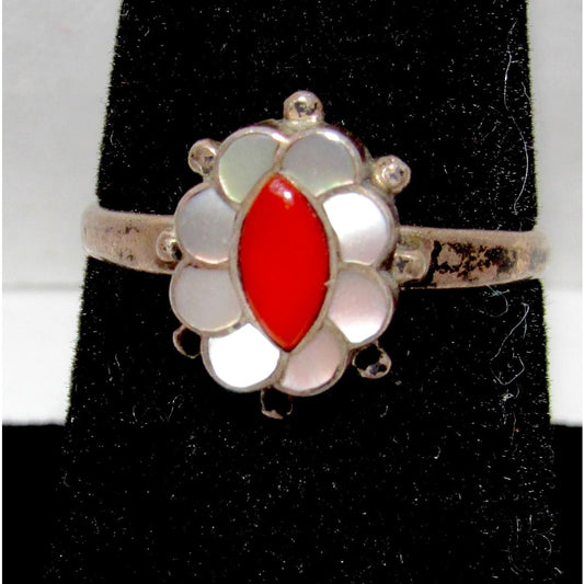 Old Pawn Zuni Coral Mother of Pearl Inlay Ring Sz 7 Sterling Silver Vintage