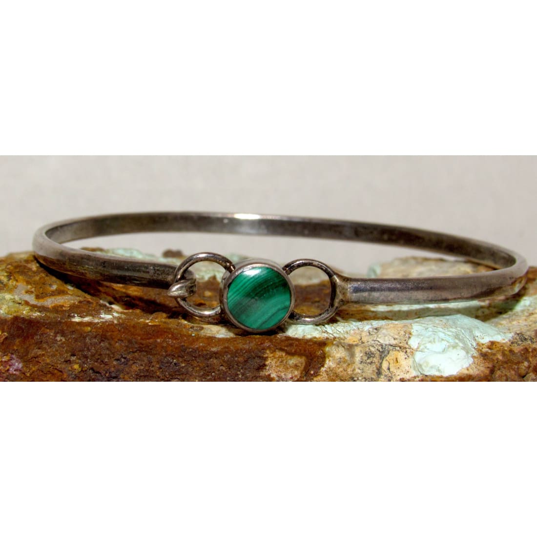 Vintage Taxco Mexico Malachite Bangle Bracelet Sterling Silver Southwestern