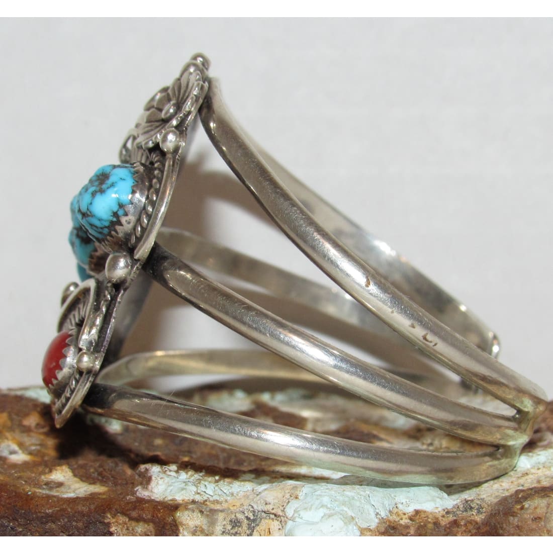 Old Pawn Navajo Turquoise Coral Sterling Silver Blossom Statement Cuff Bracelet