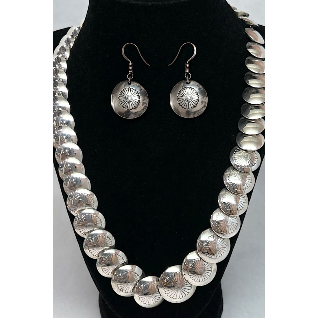 Vintage Navajo pearls necklace earrings set featuring hand etched ingot pillow beads on a foxtail chain.
