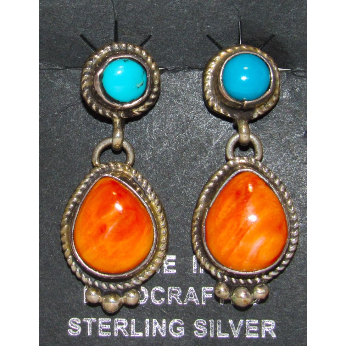 Navajo Turquoise & Orange Spiny Dangle Earrings Sterling Native M. James