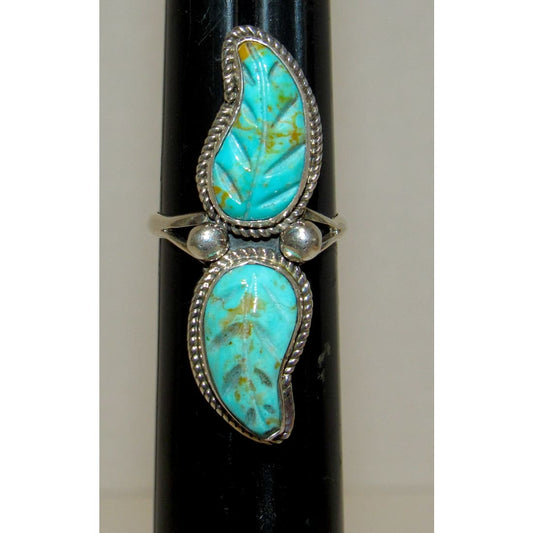 Zuni Carved Turquoise Leaf Ring Size 10 Sterling Silver Native American Signed