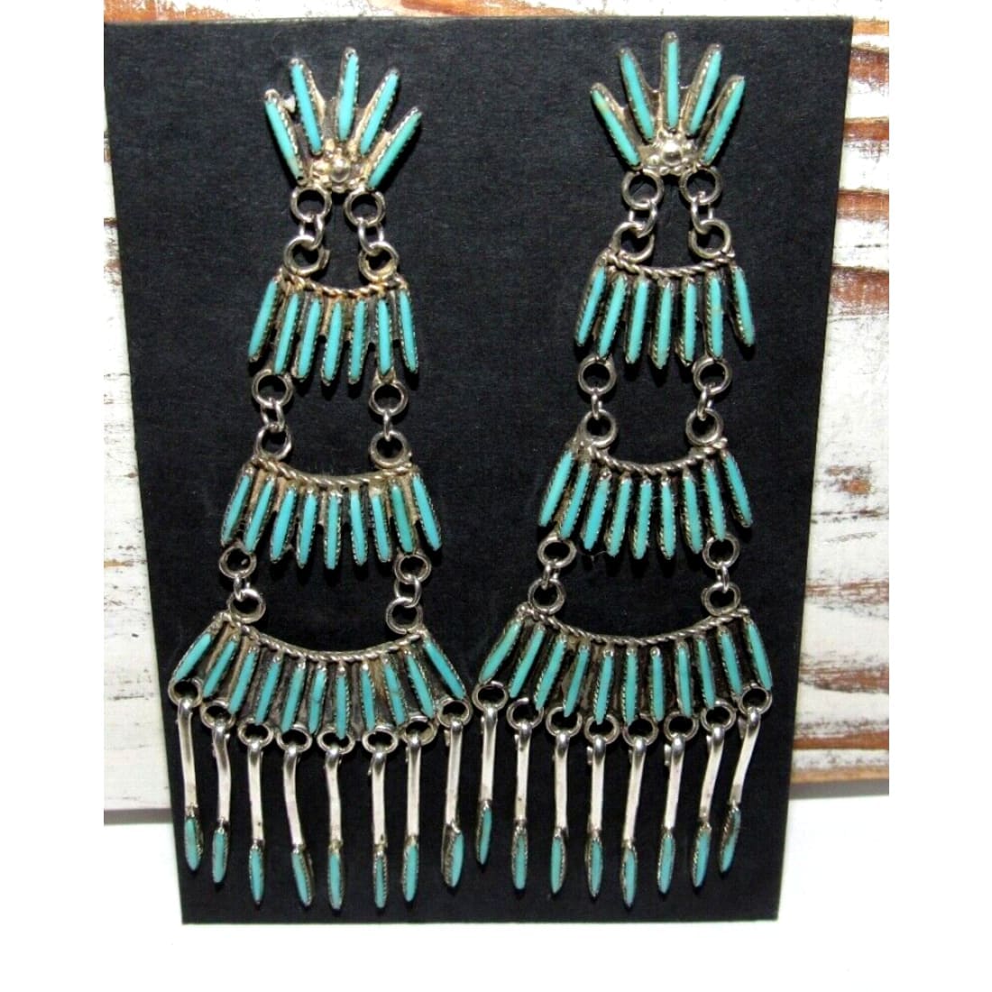 Zuni Needlepoint Turquoise Dangle Statement Earrings Sterling Silver 4"