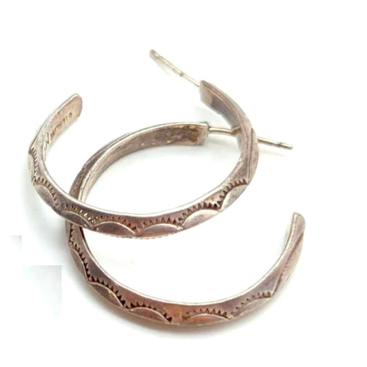 Vintage Navajo Sterling Silver Carinated Ingot Hoop Earrings M Benally