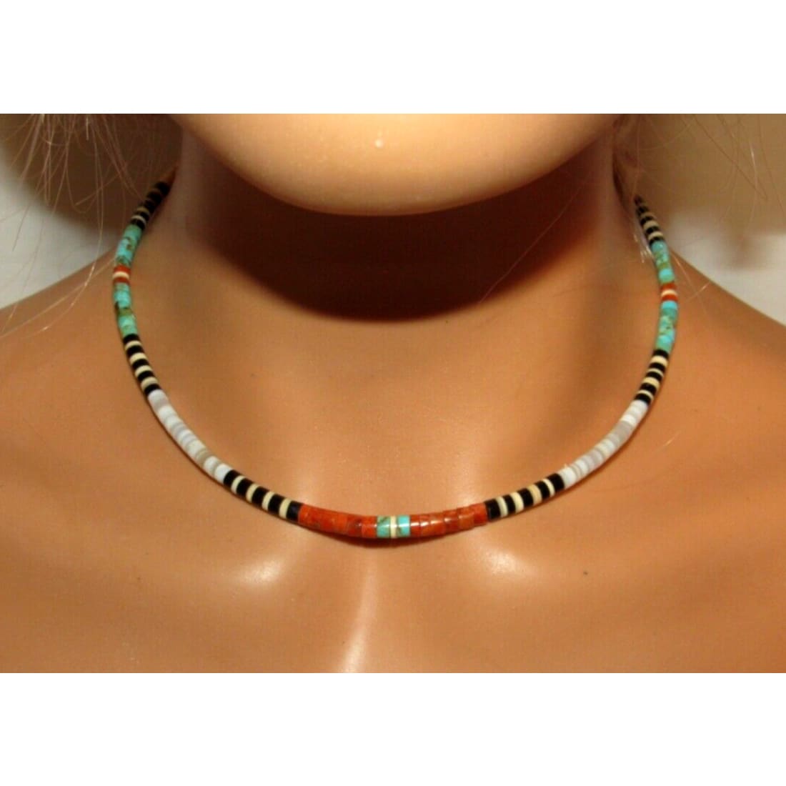 Santo Domingo Rolled Shell Orange Spiny & Turquoise Heishi Choker Necklace 16"L